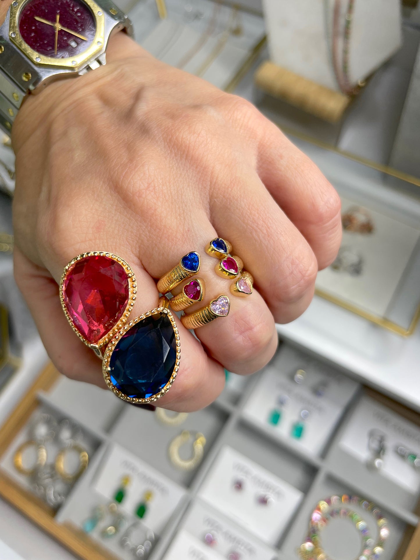 Bague ouverte pierres coeur