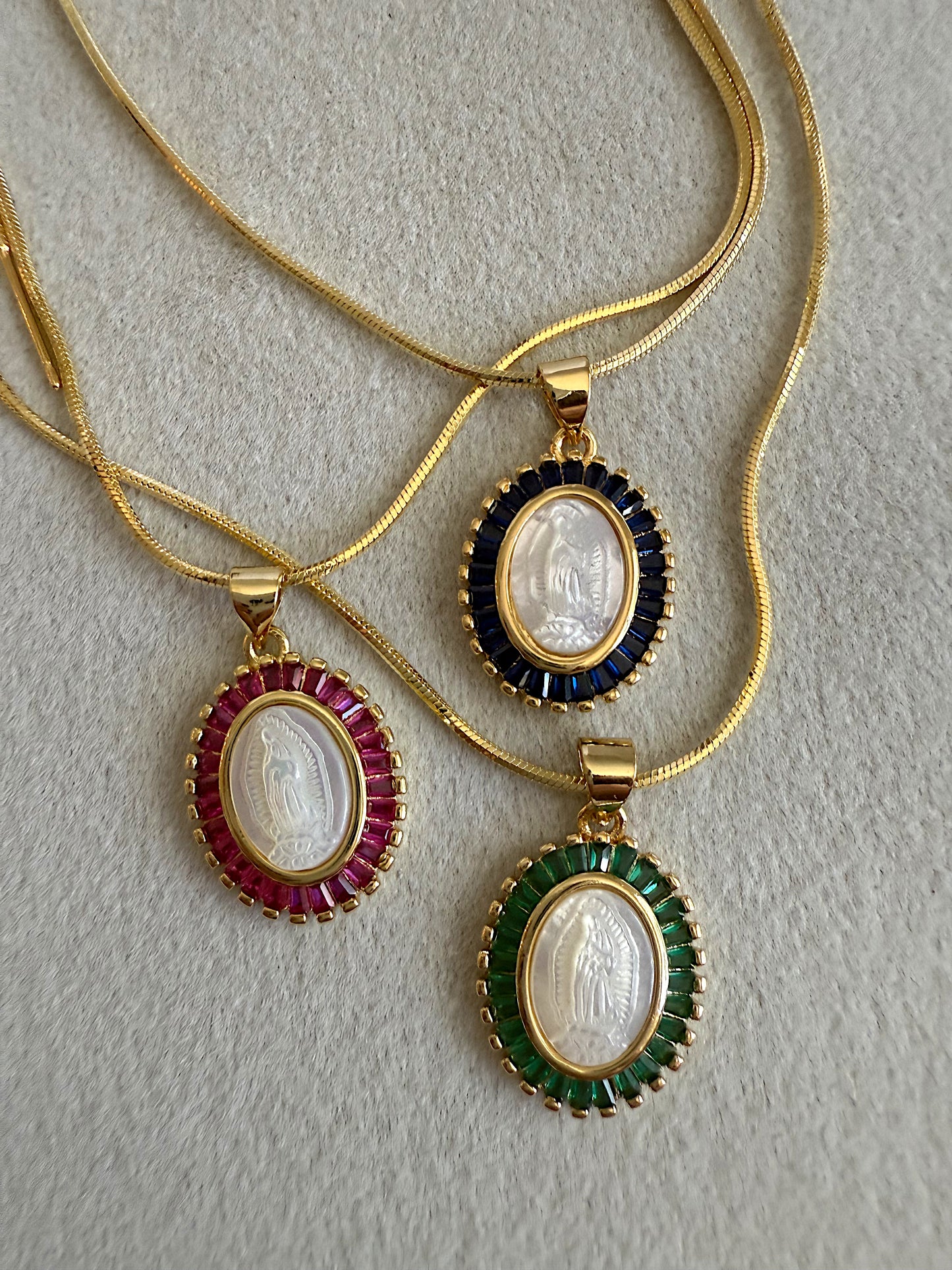 Baguette and Nacre Our Lady of Guadalupe Pendant Necklace