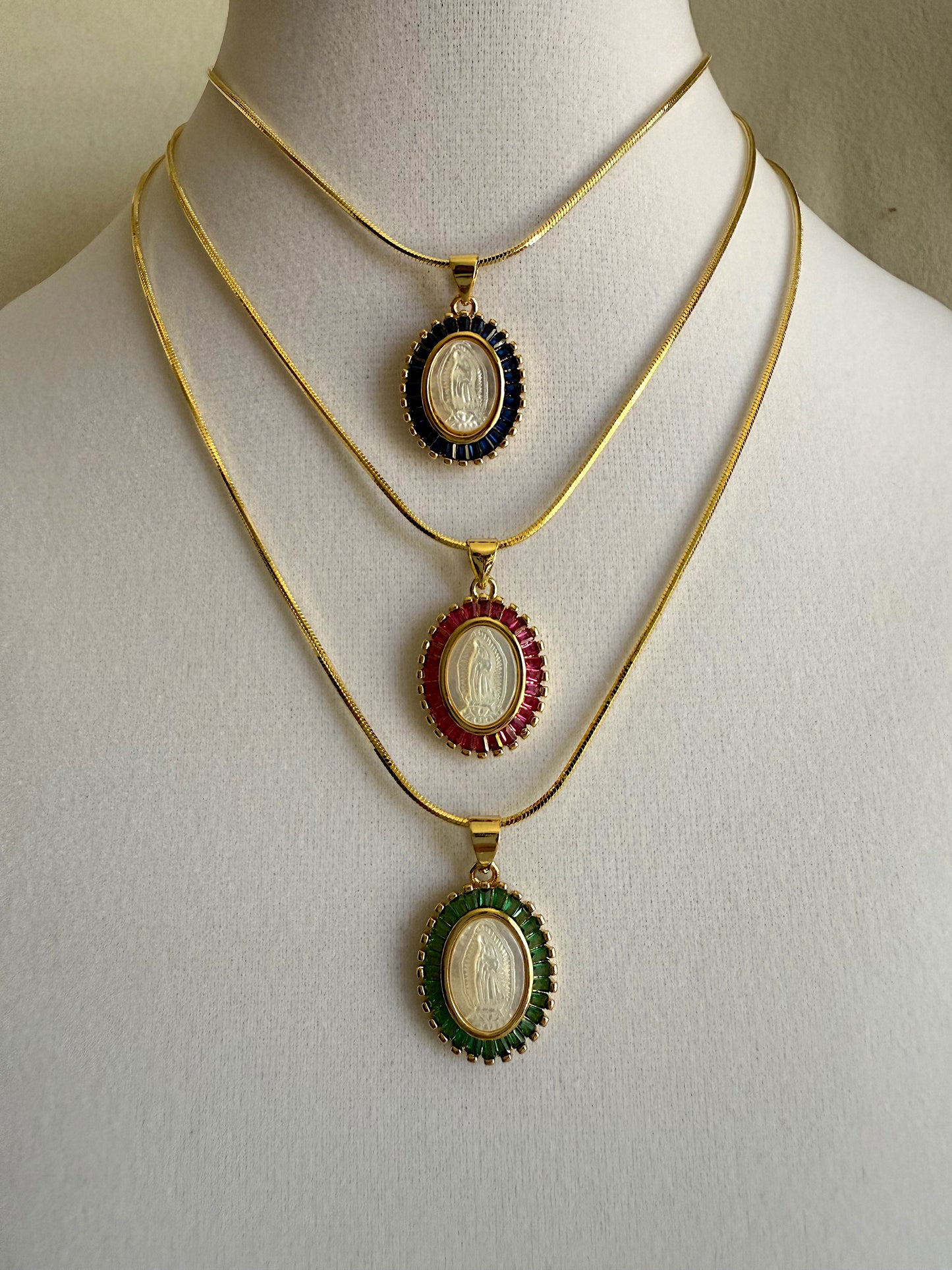 Baguette and Nacre Our Lady of Guadalupe Pendant Necklace