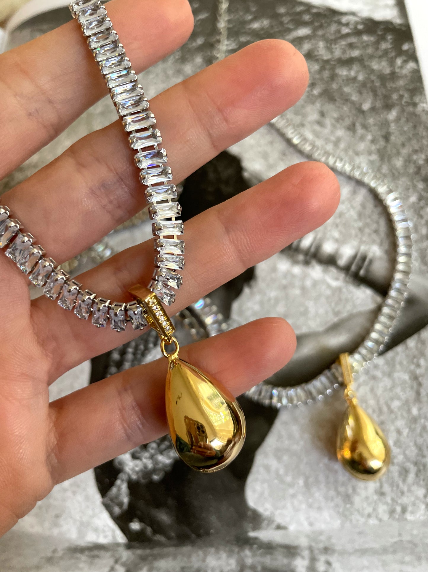 Gold Drop on baguettes necklace