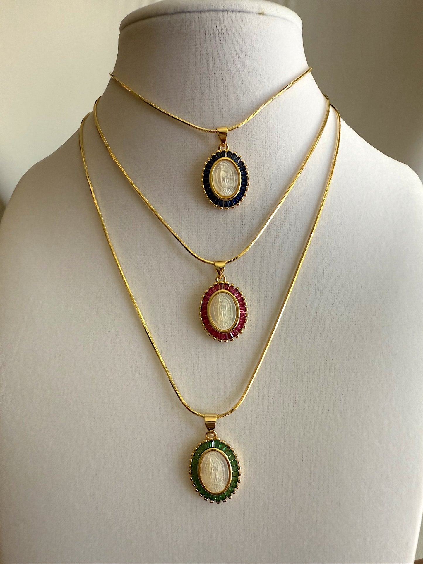 Baguette and Nacre Our Lady of Guadalupe Pendant Necklace