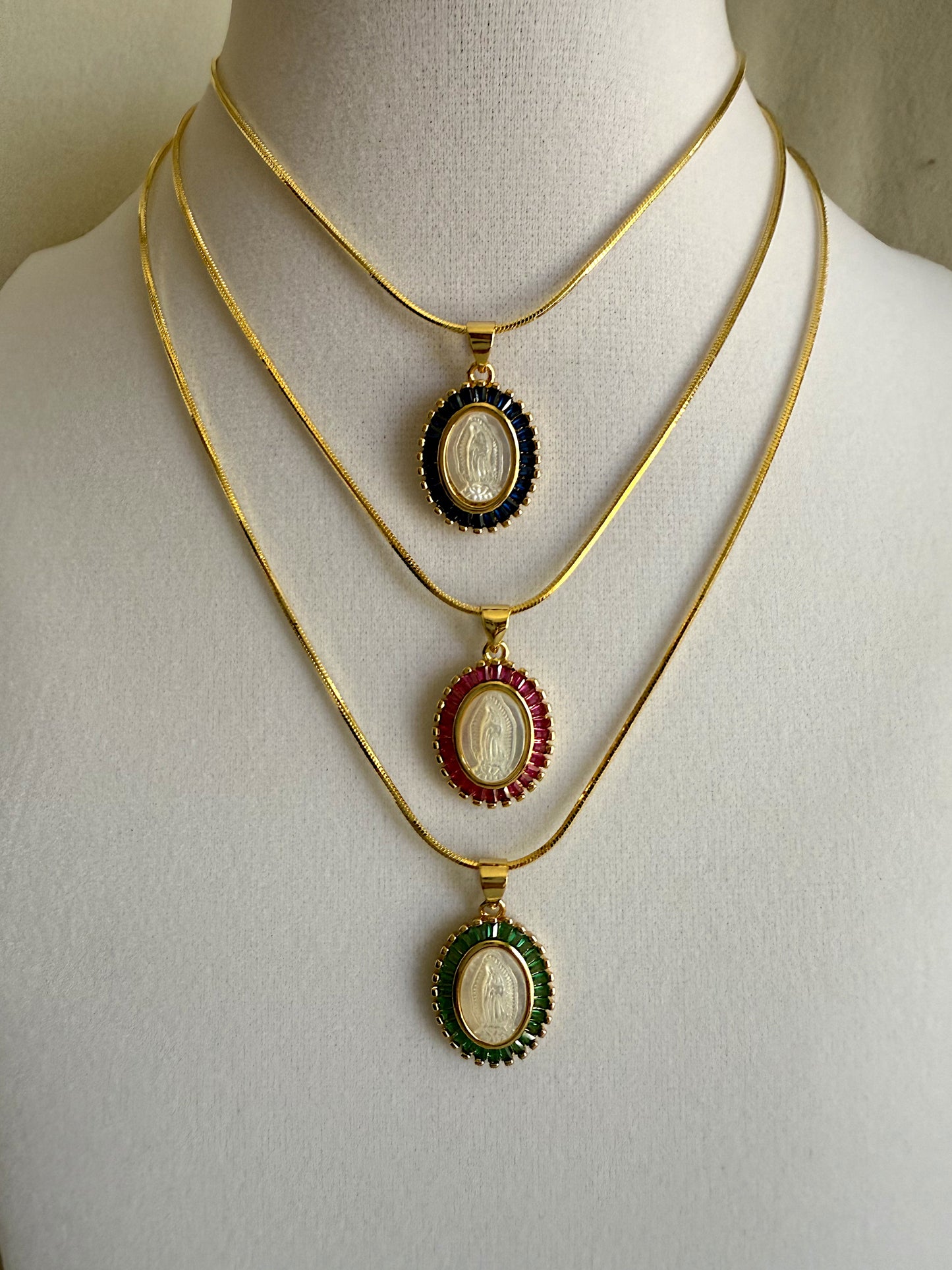 Baguette and Nacre Our Lady of Guadalupe Pendant Necklace