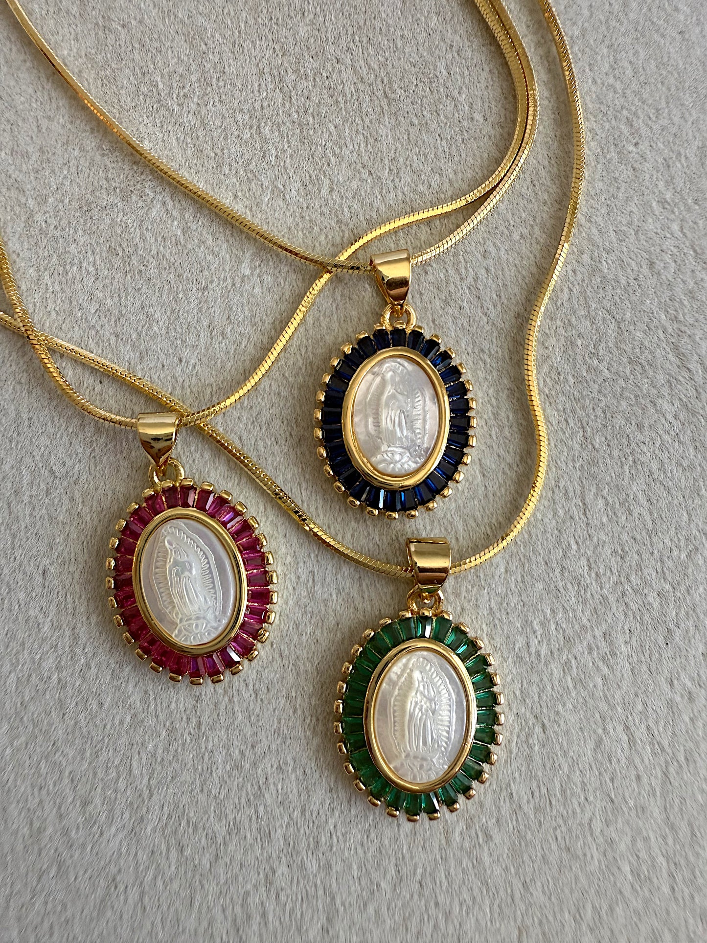 Baguette and Nacre Our Lady of Guadalupe Pendant Necklace