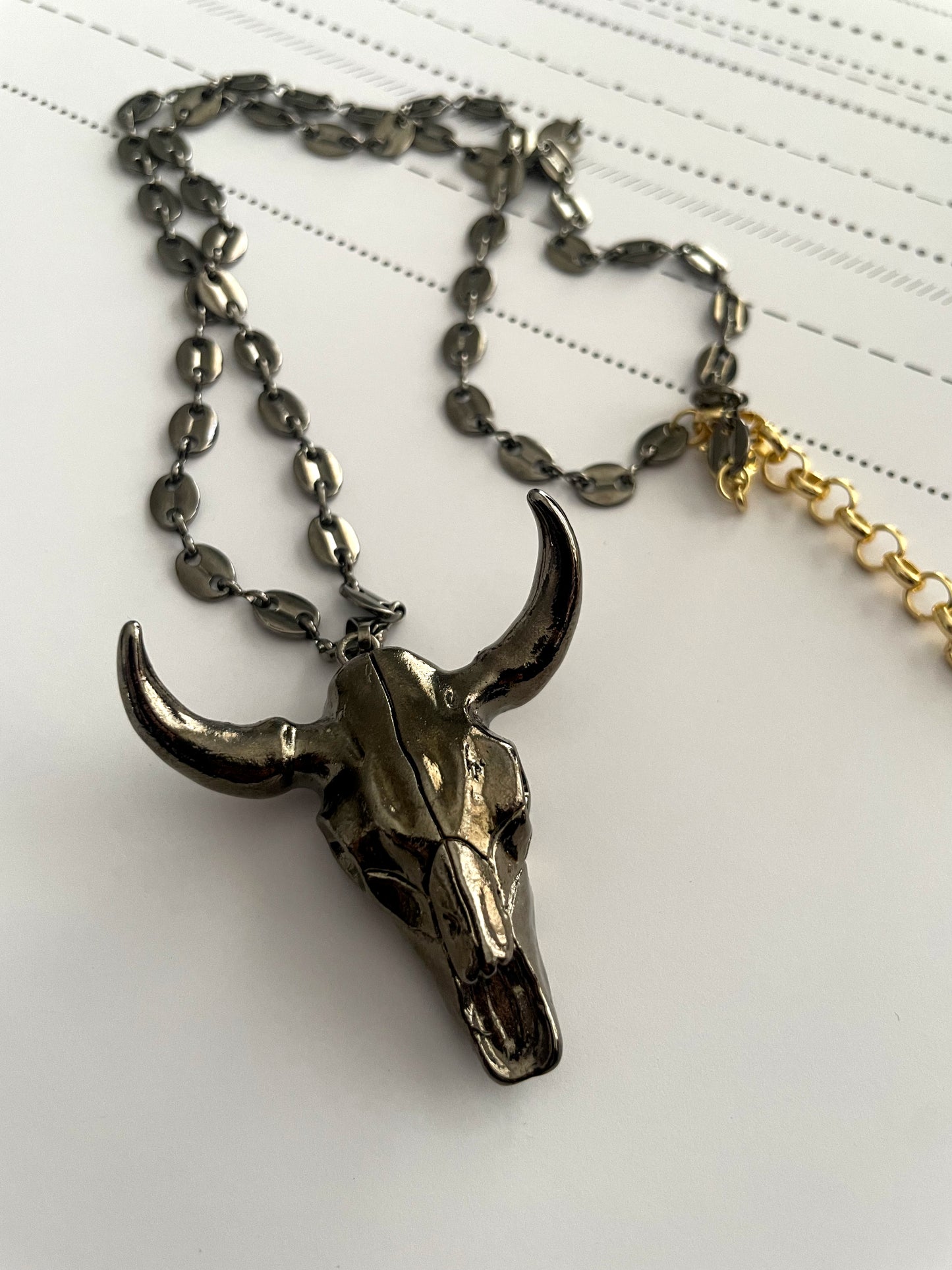 Rhodium Bull pendant long necklace
