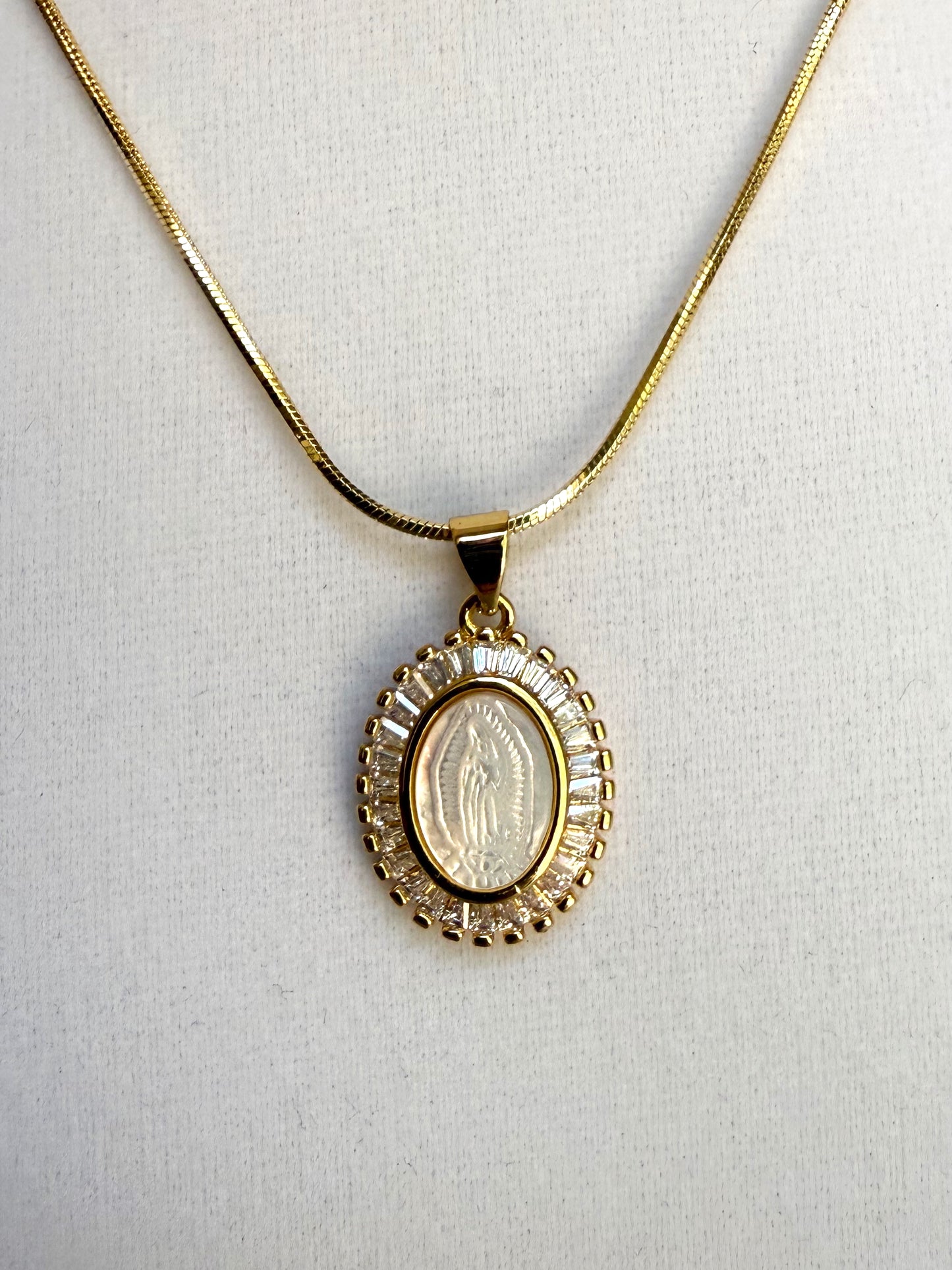 Baguette and Nacre Our Lady of Guadalupe Pendant Necklace