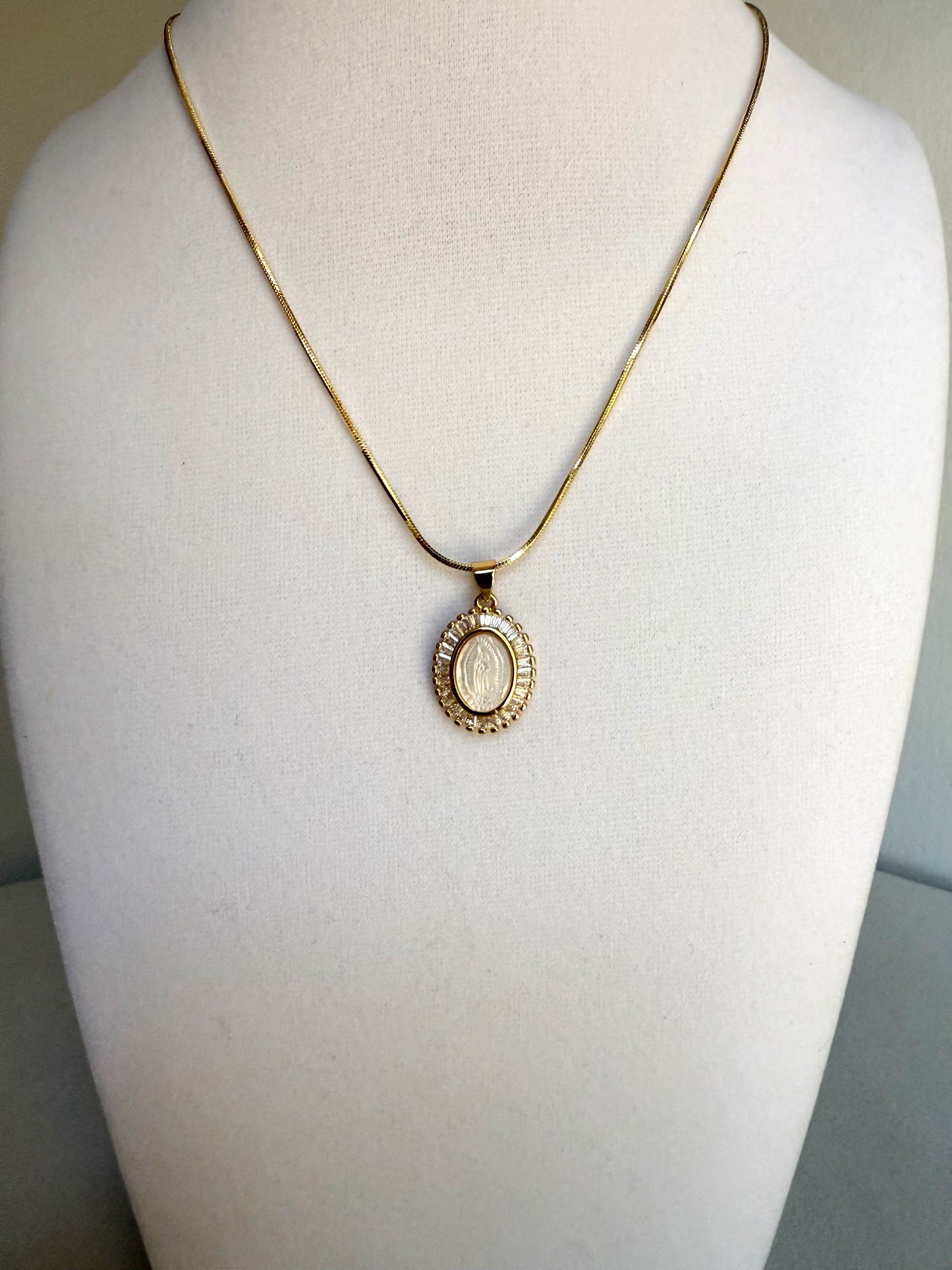 Baguette and Nacre Our Lady of Guadalupe Pendant Necklace