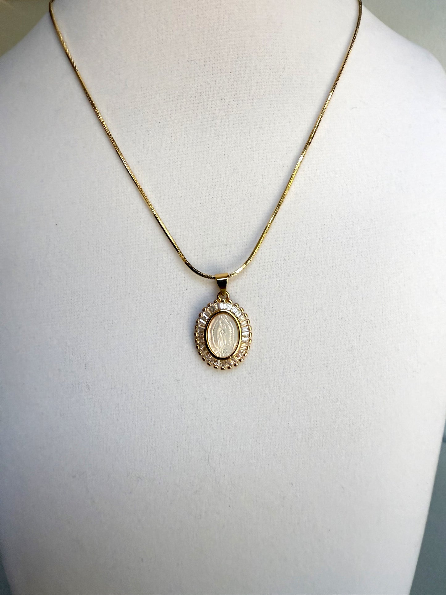 Baguette and Nacre Our Lady of Guadalupe Pendant Necklace