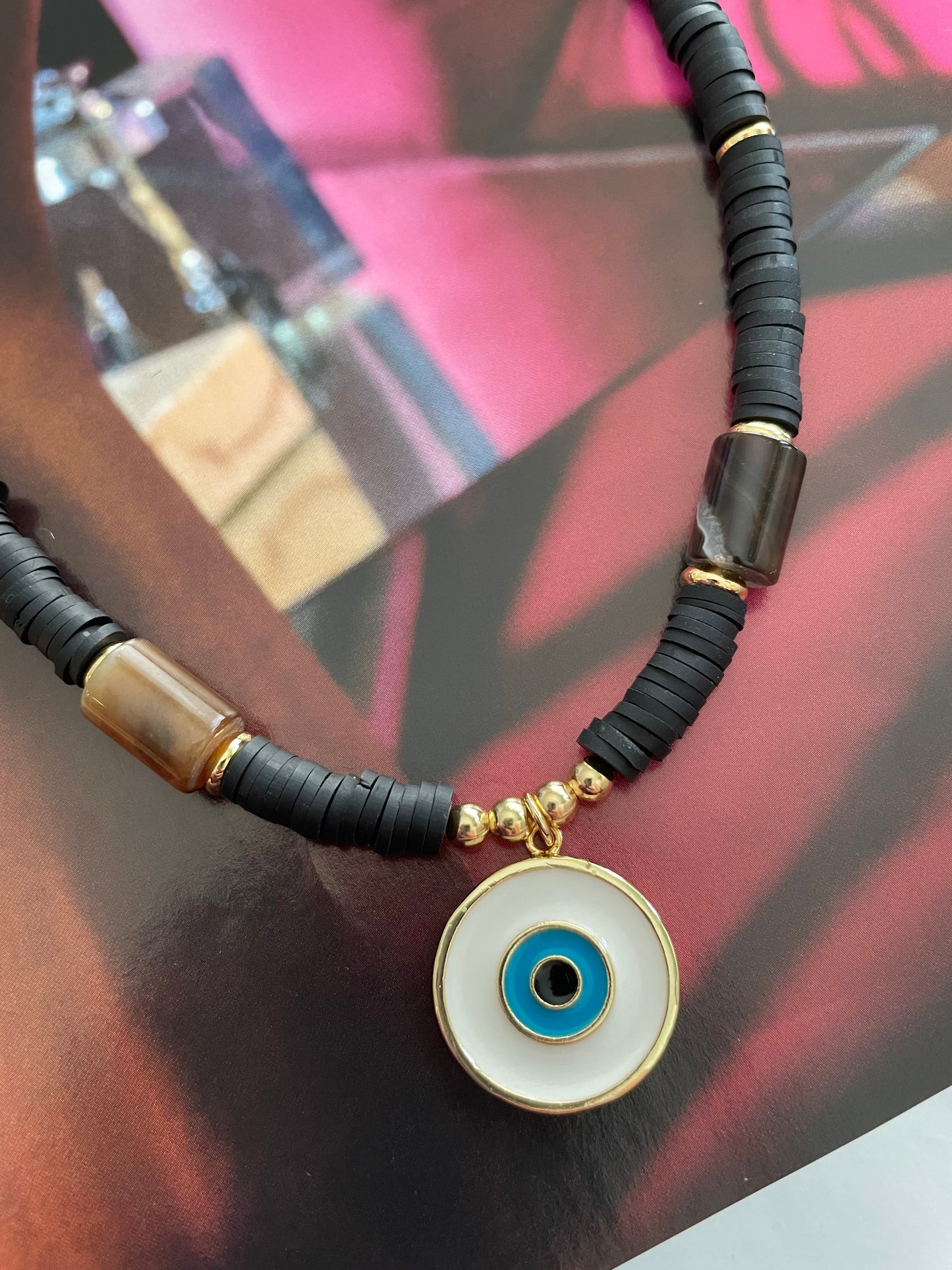 Rubber and stones with evil eye choker