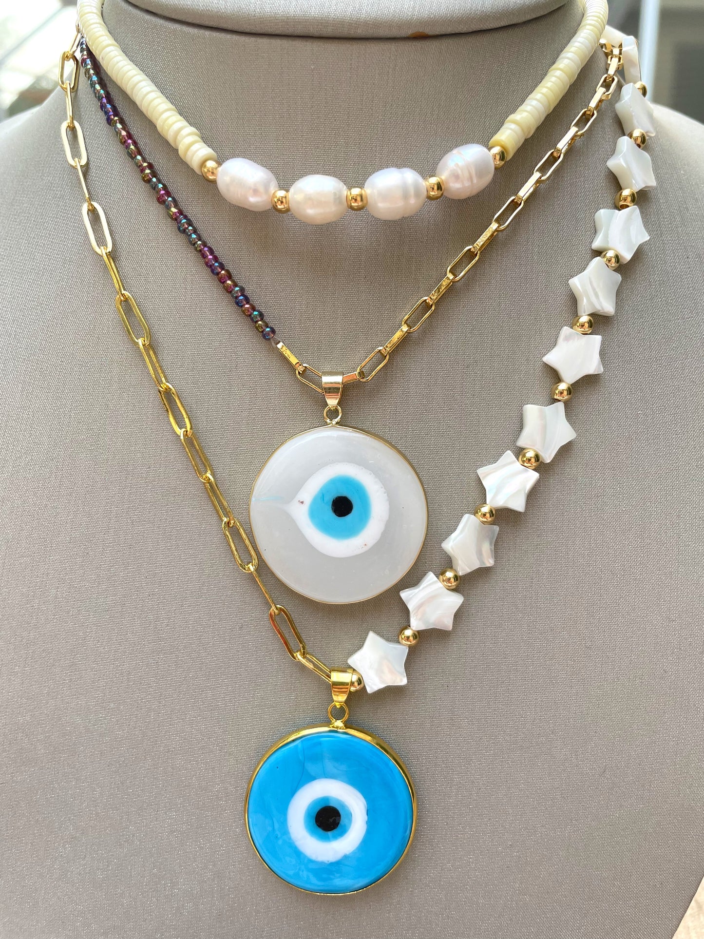 Half and half Link and stars evil eye pendant necklace