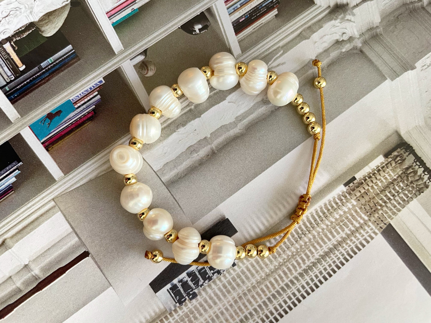 Natural pearls gold beaded adjustable bracelets