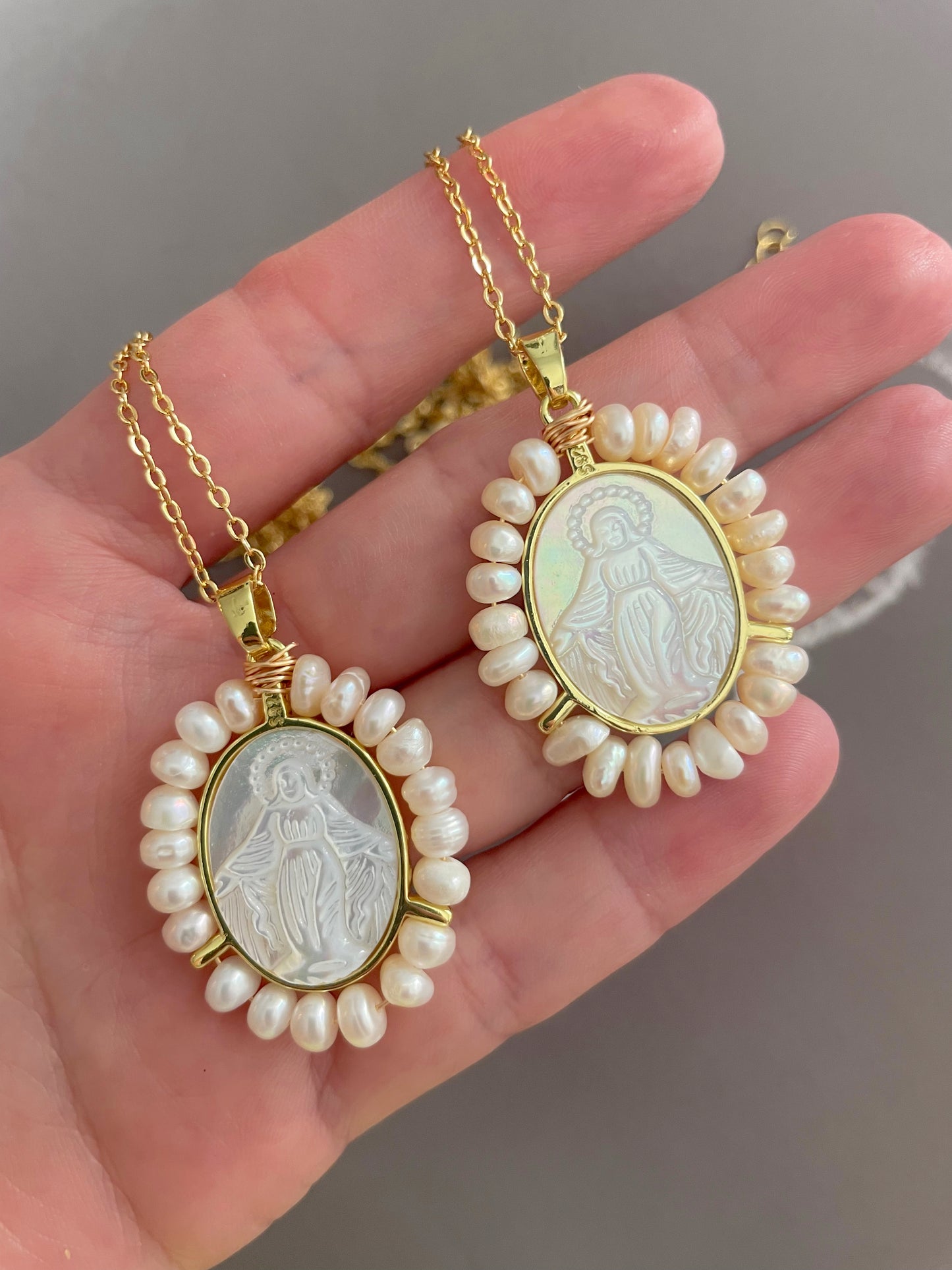 Pearled nacre Virgin of Miraculous Medal pendant necklace