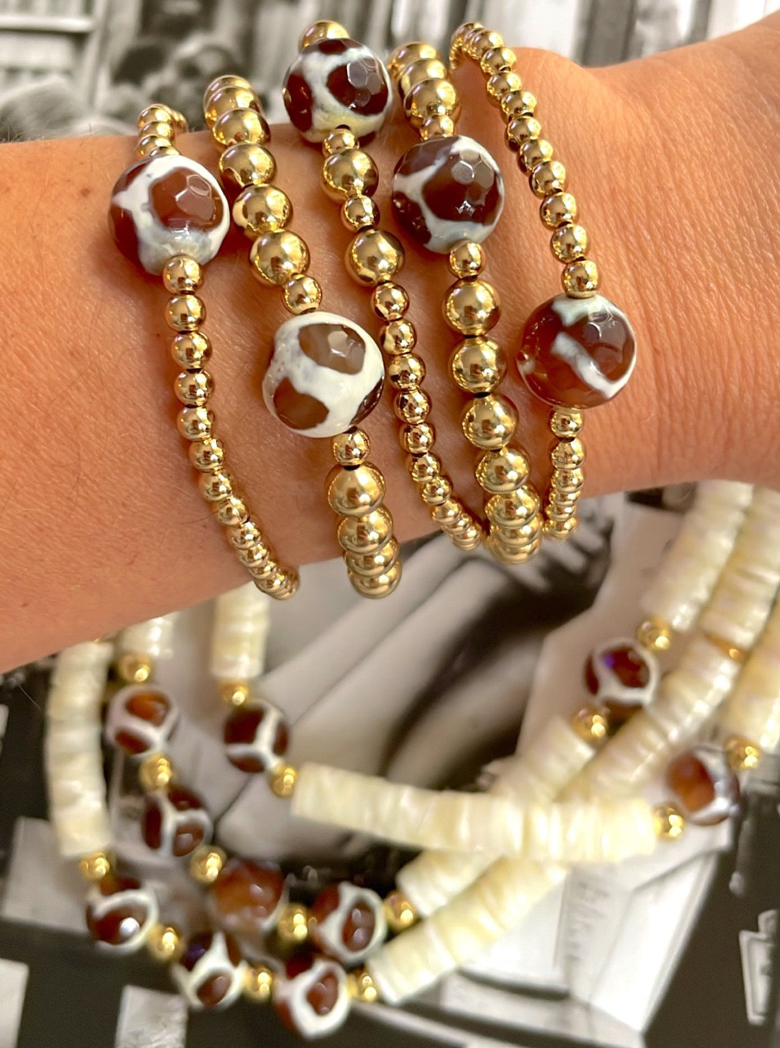 Gold beaded with brown stone bracelets set