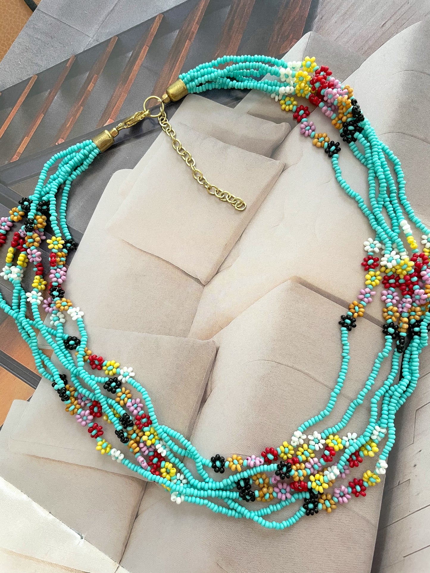 Flower beaded multi layered necklace