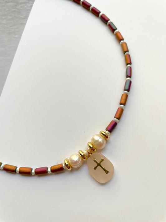 Stoned cross short necklace