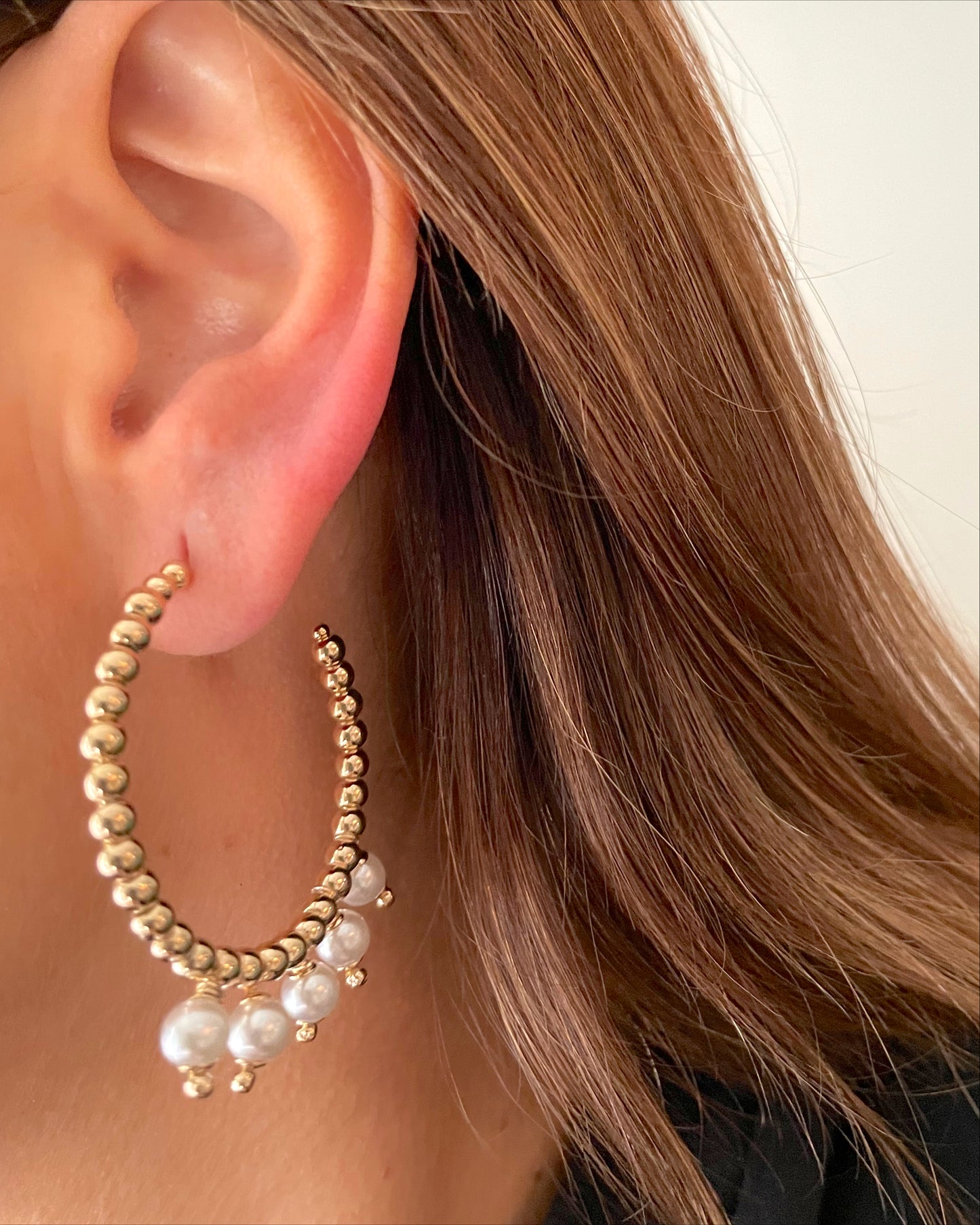Gold beaded dangle pearls hoops earrings