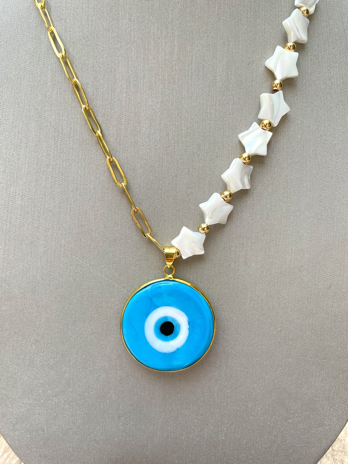 Half and half Link and stars evil eye pendant necklace