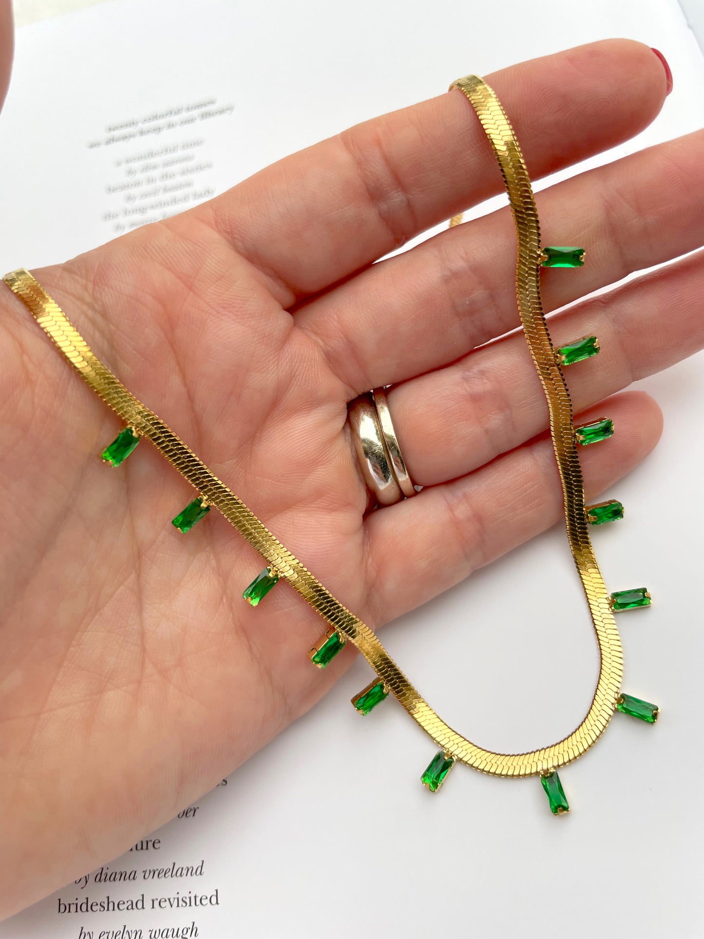 Baguette embellished snake link necklace